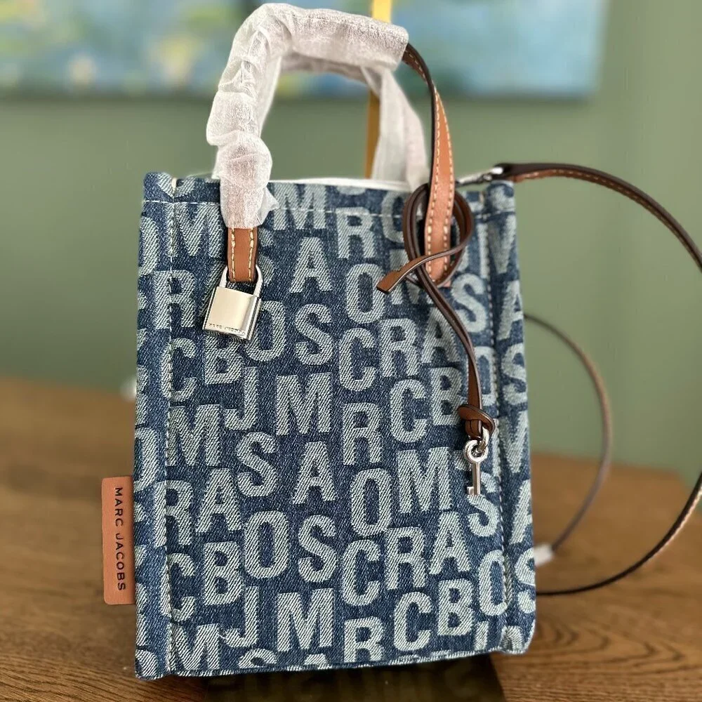 NWT! Marc Jacobs The Jumbo Logo Jacquard Micro Grind Denim Tote Crossbody
